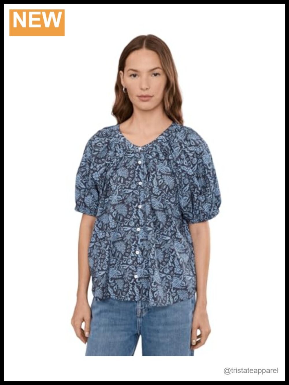 Faherty Organic Cotton Voile Peasant Top Henley Neck Smocked Cuffs